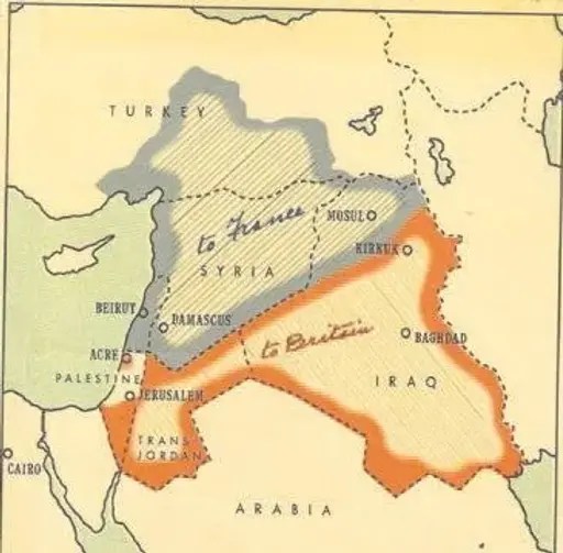 Sykes-Picot Anlaşmasına göre Ortadoğu Sınırları 1916